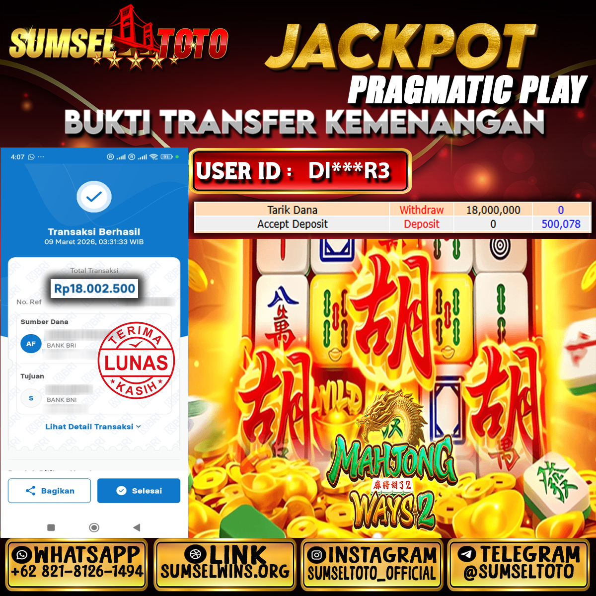 SUMSELTOTO JACKPOT MAHJONG WAYS 2 Rp.18,000,000.,- LUNAS